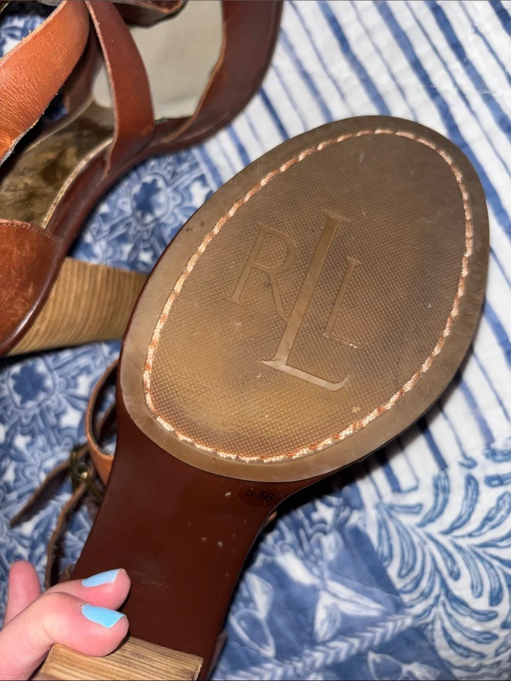 Lauren Ralph Lauren Cognac Leather Strappy Block Heel Sandals